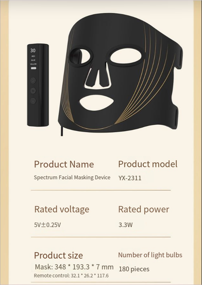 Product specifications for the LED face mask, including size, voltage and power
